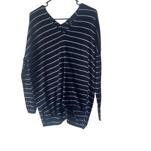 Ann Taylor Women's Size‎ Medium Black Striped Wool Blend Double V Neck Sweater
